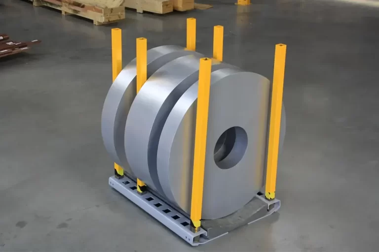 Slitted narrow steel coils stored safely on heavy-duty European-engineered coil cradles and racking systems inside a modern industrial warehouse