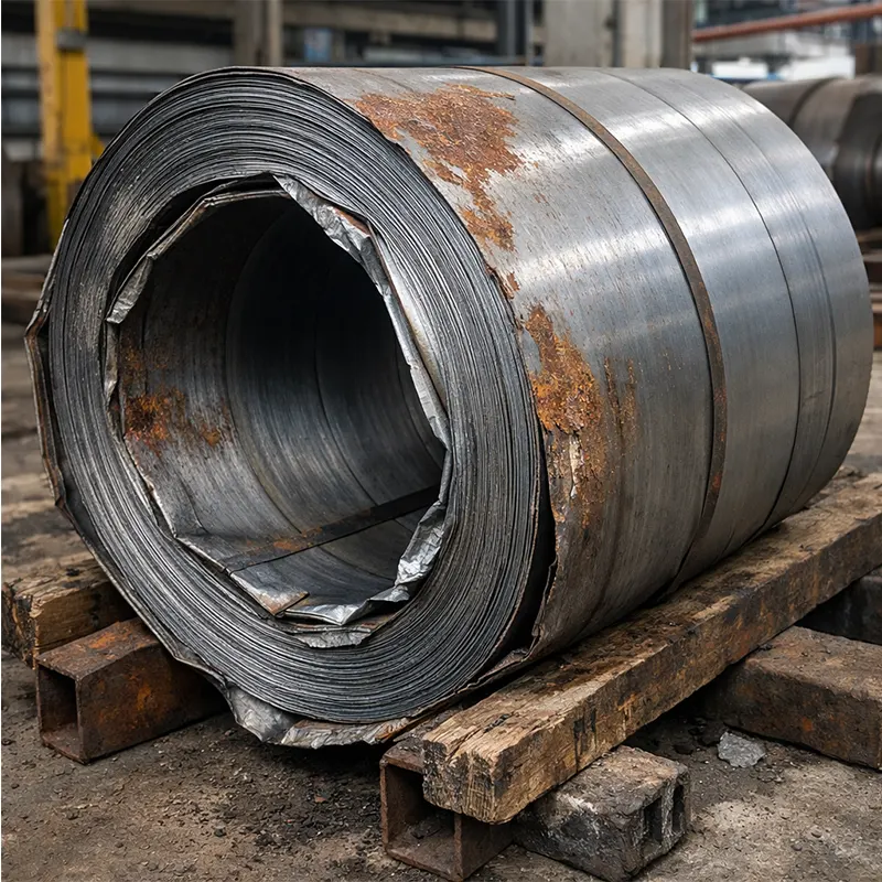 Corroded steel coil with surface damage caused by improper storage on wooden supports in an industrial warehouse