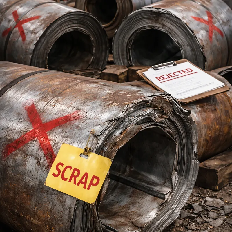 Severely damaged steel coils marked as scrap due to long-term improper storage and handling practices