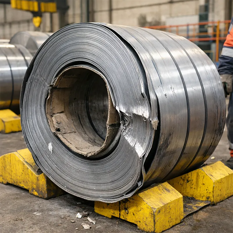 Deformed steel coil caused by improper storage and uneven load distribution in an industrial warehouse