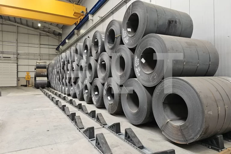 Professional industrial coil storage blocks for safe triple stacking in steel warehouses