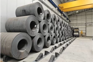 Industrial coil saddle system designed for heavy-duty steel coil storage and handling