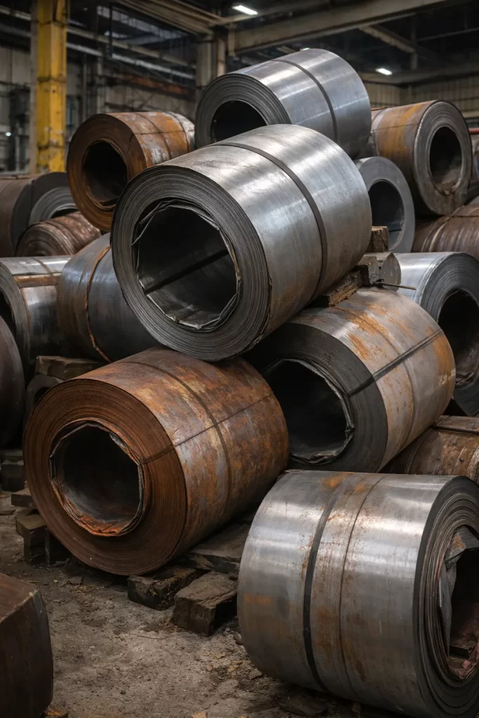 Disorganized steel coil storage causing inefficient warehouse space usage and operational delays in an industrial facility