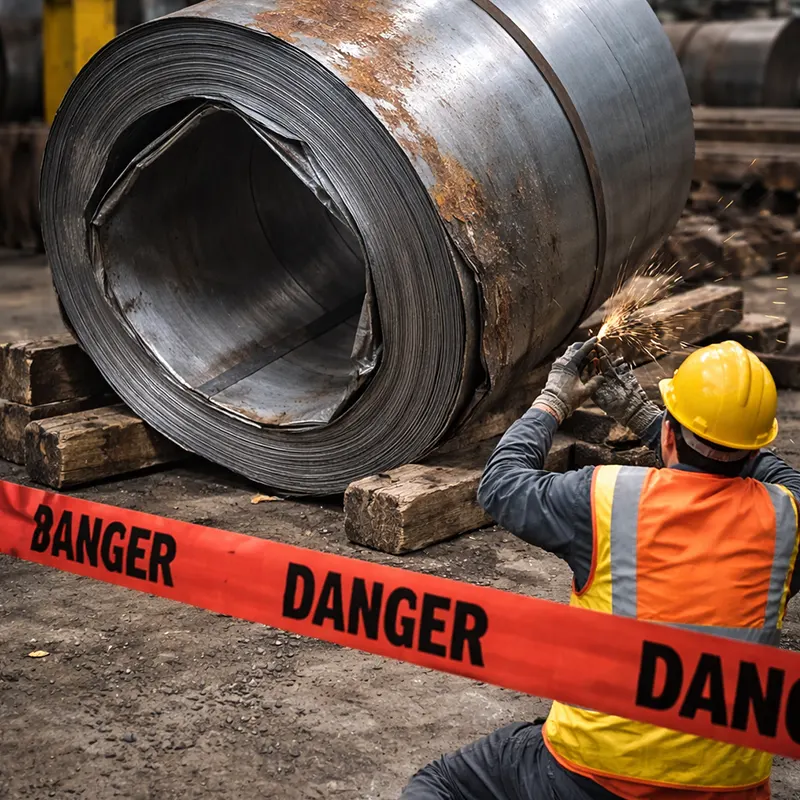 Unsecured steel coil creating a serious safety hazard due to improper storage and unstable wooden supports in an industrial warehouse