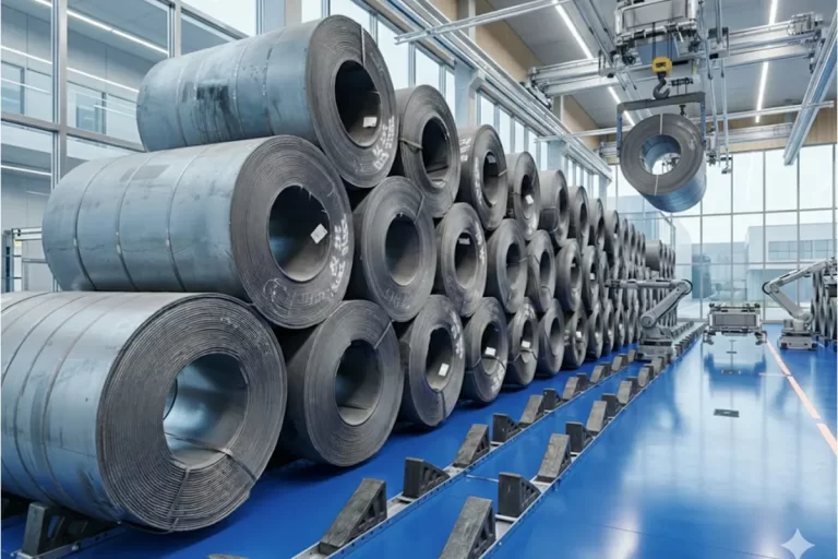 Automated guided vehicle (AGV) placing a steel coil onto a precision-engineered saddle system in a smart warehouse.