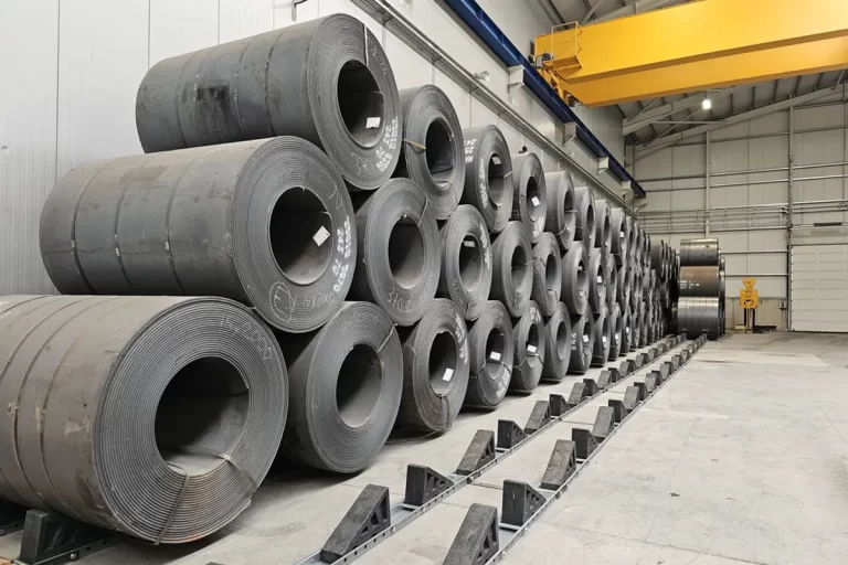 High-density coil storage layout in a modern automotive steel service center.