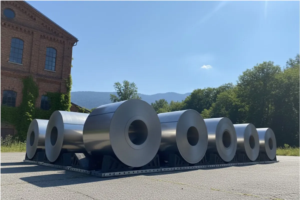 Industrial metal coil storage blocks providing surface protection in a steel warehouse.