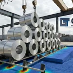 A Finite Element Analysis (FEA) diagram showing stress distribution of a metal coil on an engineered storage block.