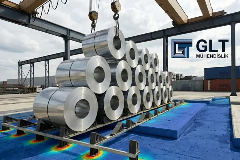 A Finite Element Analysis (FEA) diagram showing stress distribution of a metal coil on an engineered storage block.