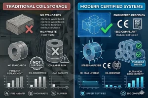 Technical engineering diagram comparing traditional wood coil storage with certified interlocking polymer locking systems for 2026 standards.