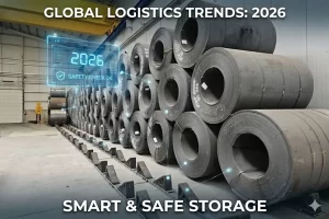 Safe and smart metal coil storage system with heavy-duty blocks for 2026 global logistics standards.