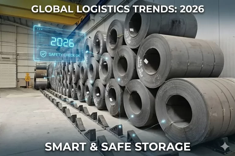 Safe and smart metal coil storage system with heavy-duty blocks for 2026 global logistics standards.