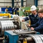 GLT engineer performing slitting line commissioning and operator training at a metal fabrication facility.
