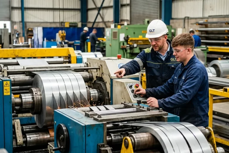 GLT engineer performing slitting line commissioning and operator training at a metal fabrication facility.