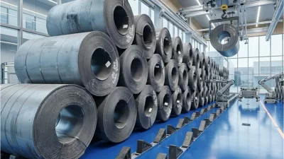Automated guided vehicle (AGV) placing a steel coil onto a precision-engineered saddle system in a smart warehouse.