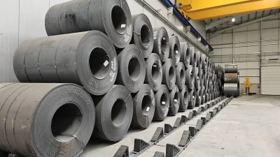 High-density coil storage layout in a modern automotive steel service center.