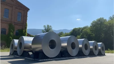 Industrial metal coil storage blocks providing surface protection in a steel warehouse.