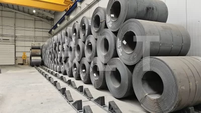 Professional industrial coil storage blocks for safe triple stacking in steel warehouses