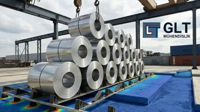 A Finite Element Analysis (FEA) diagram showing stress distribution of a metal coil on an engineered storage block.