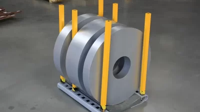 Slitted narrow steel coils stored safely on heavy-duty European-engineered coil cradles and racking systems inside a modern industrial warehouse