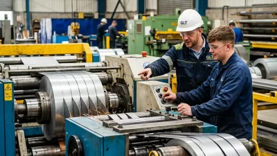 GLT engineer performing slitting line commissioning and operator training at a metal fabrication facility.